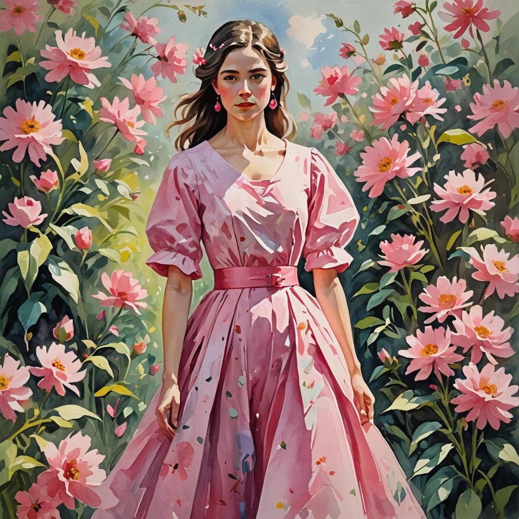 Girl in Pink Dress: Gouache Impressionist Masterpiece