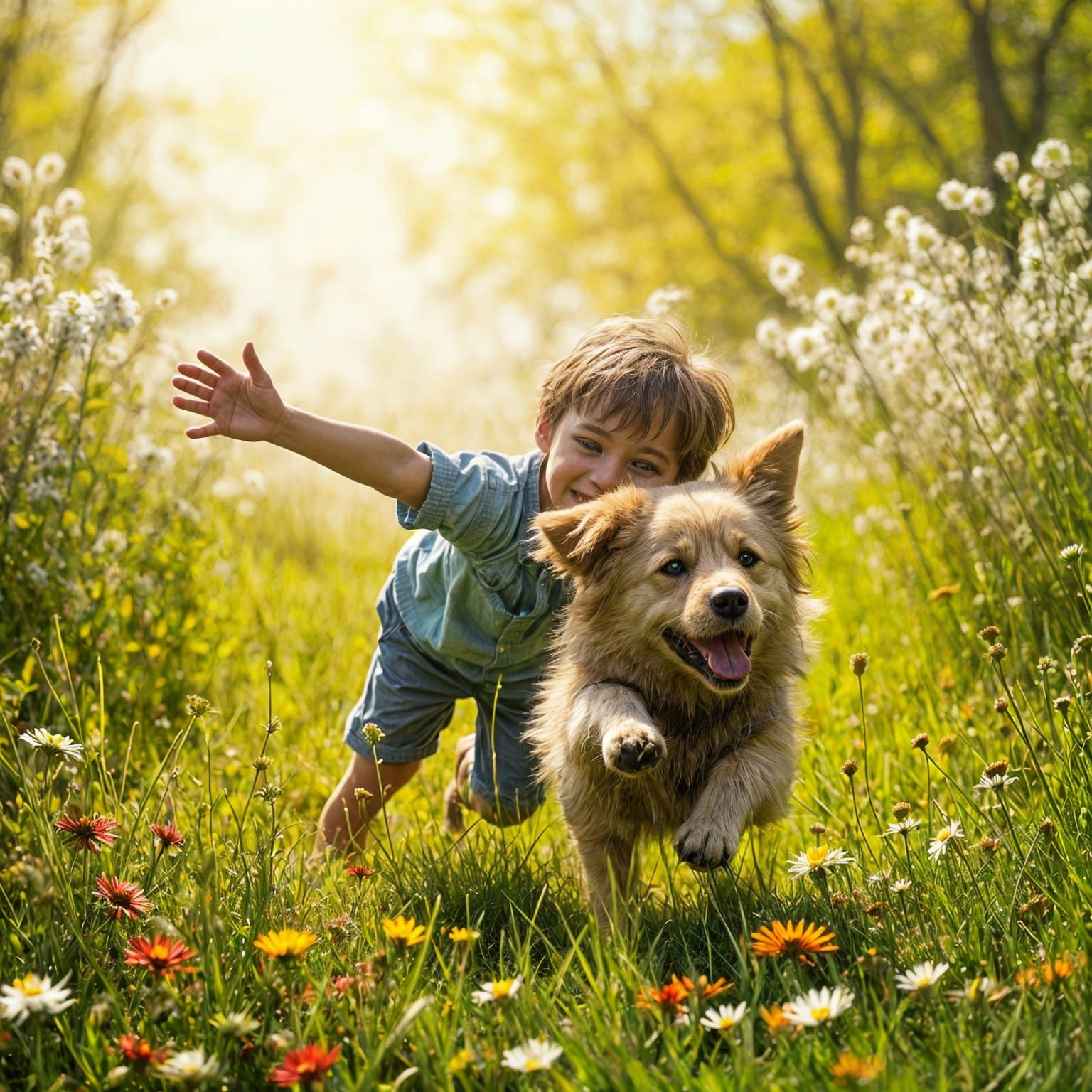 Boy and Dog Play in Sunlit Meadow