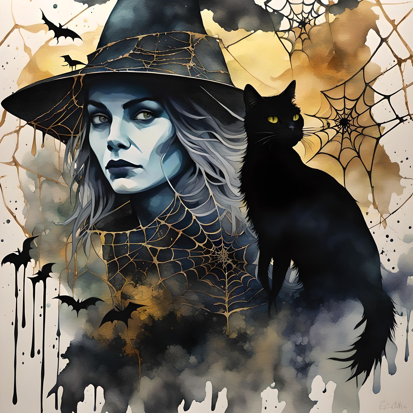 Eerie Double Exposure Witch and Cat in Watercolor