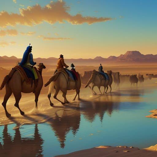 Wadi Camp with Horses and Camels in Impressionist Style