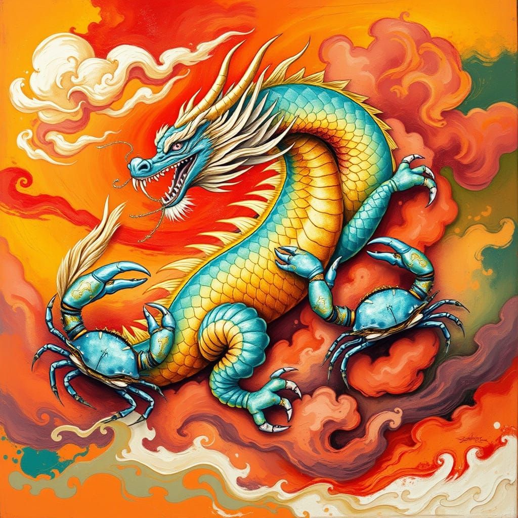 Majestic Earth Dragon Dances with Cancer Crabs in Vibrant Zo...
