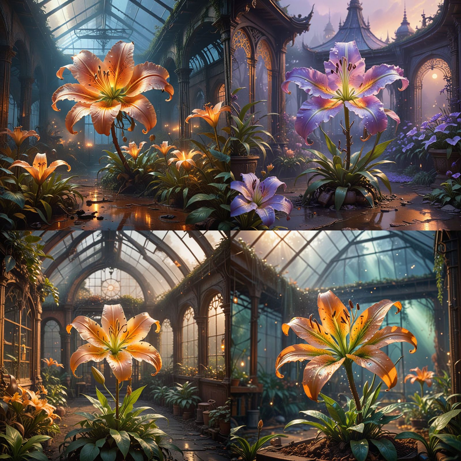 Steampunk Watercolor of Mechanical Lilium Bursting from Bron...