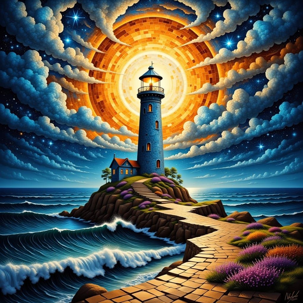 Surreal Whimsical Lighthouse Radiates Celestial Starlight