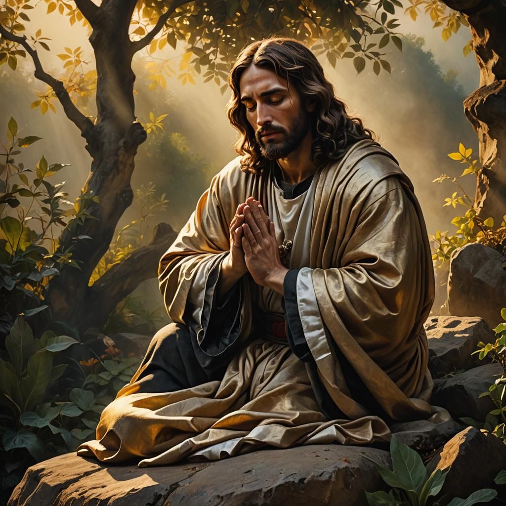 Jesus Praying in Garden: Baroque Chiaroscuro Painting