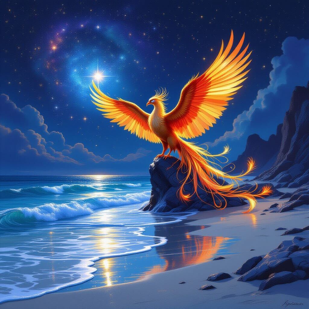 Phoenix on Cosmic Beach Under Starlight Waves