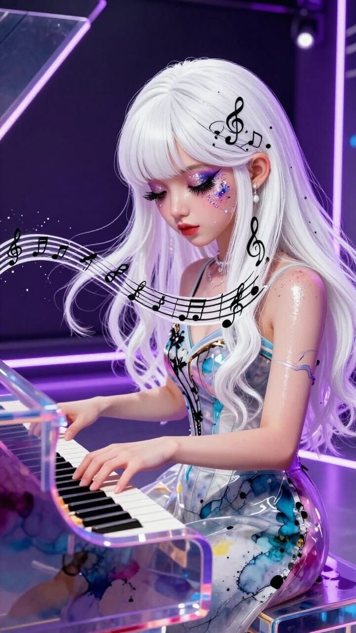 Royal Sister Plays Piano on Futuristic Stage in Fauvism Styl...