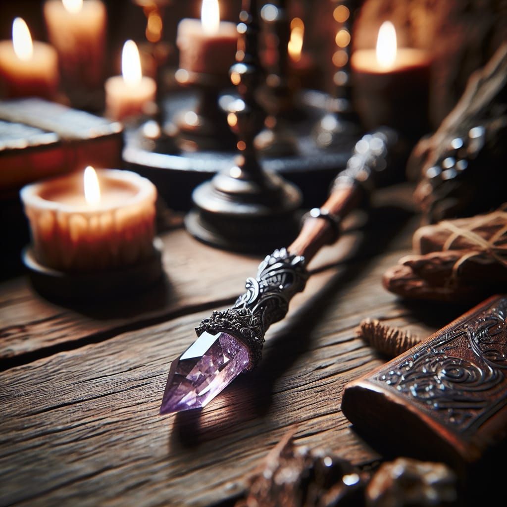 Medieval Wizard Wand with Intricately Crafted Purple Crystal...
