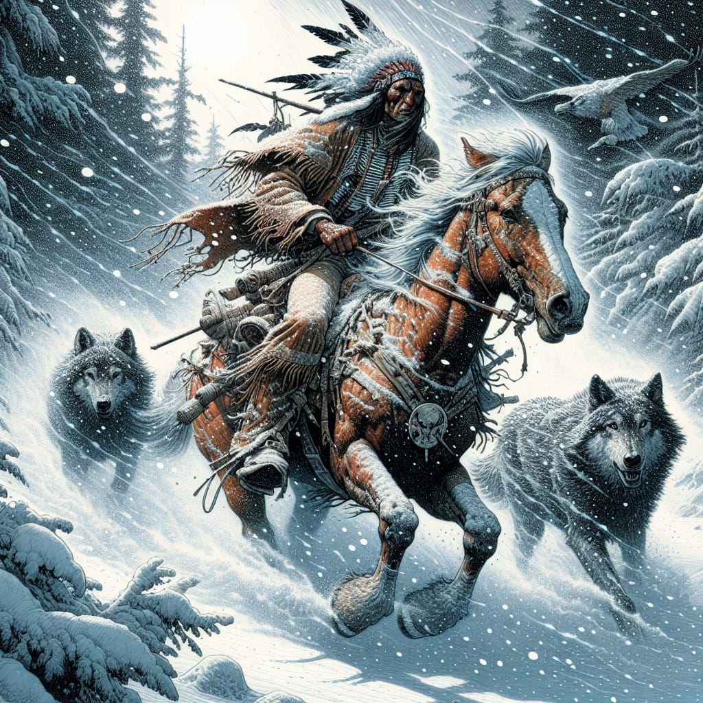 Native American Brave Navigates Blizzard with Wolves
