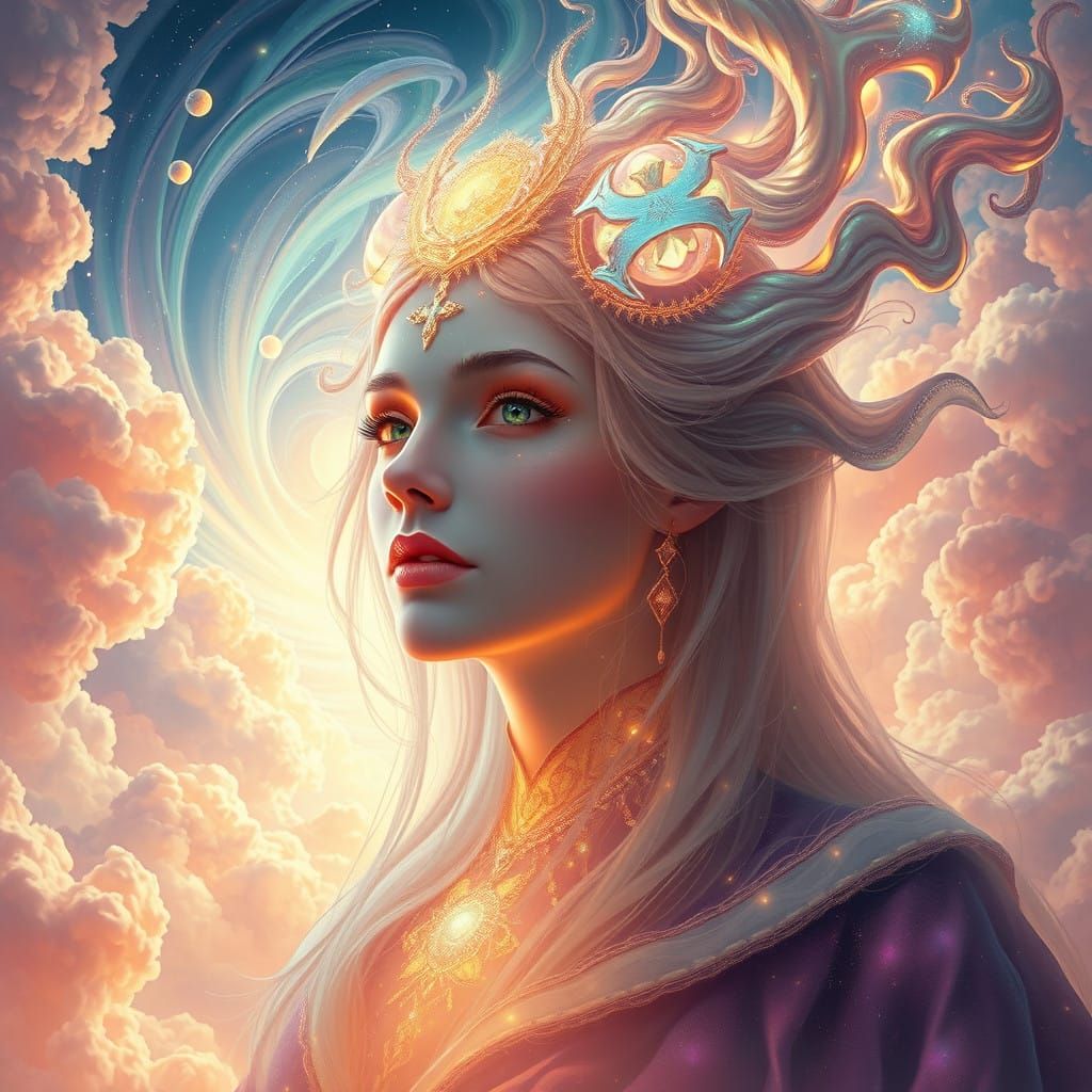 Dreamy Mystic Entity Materializes in Iridescent Clouds