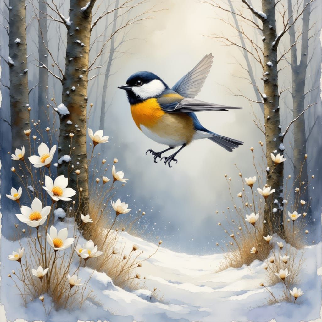 Vibrant Chickadee in Snowy Woodland Oil Painting