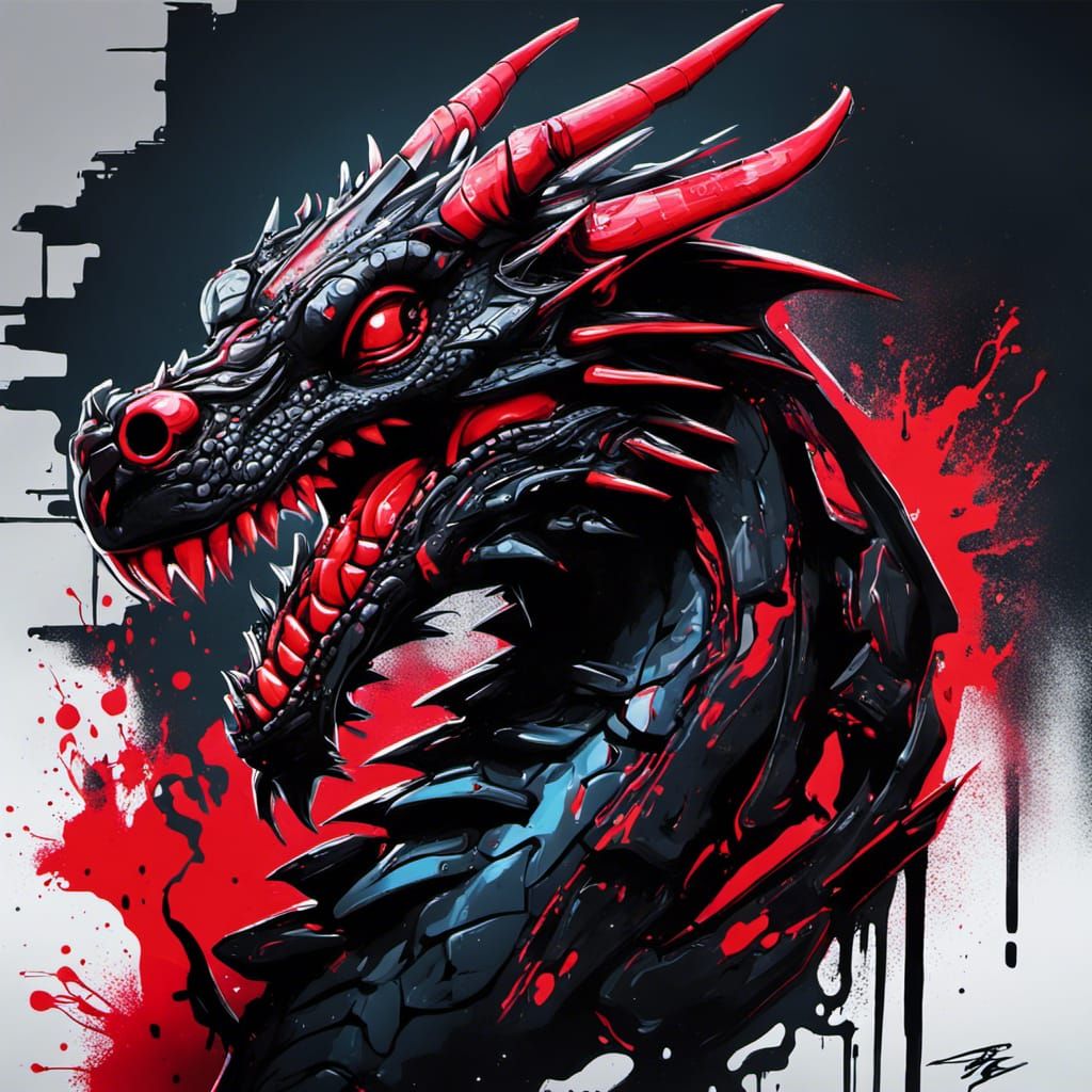 Black and Red Cyberpunk Dragon Graffiti Art