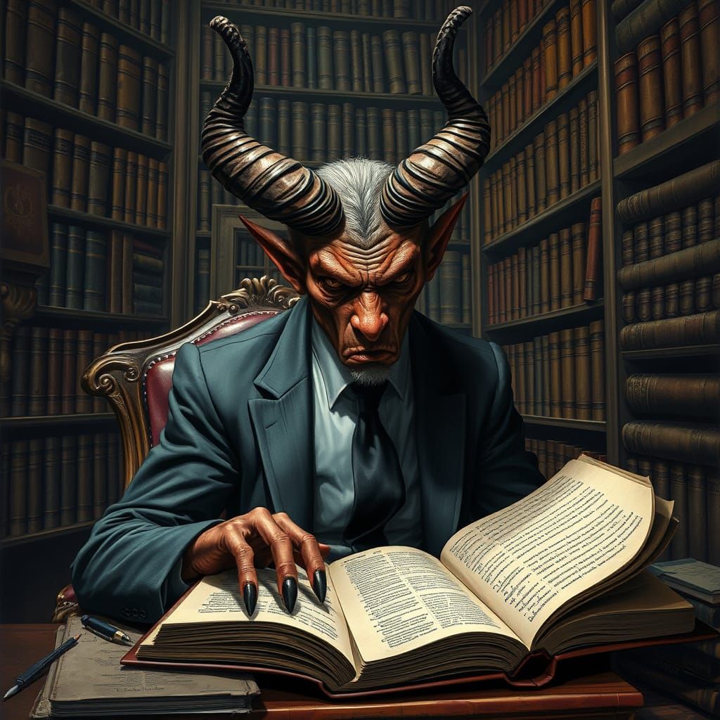 Dark Surrealist Demon Reads Bible in Haunted Study