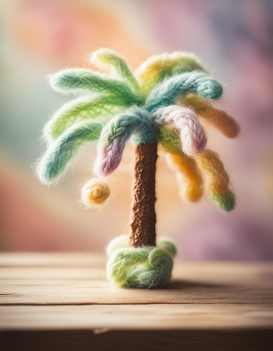 Fuzzy Knitted Palm Tree on Rustic Table