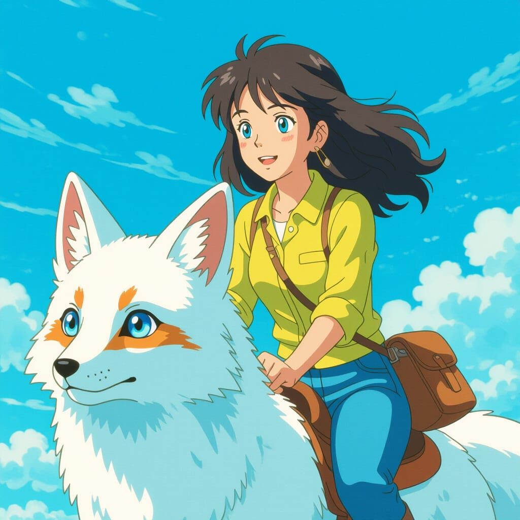 Anime Woman Rides Fox in Studio Ghibli Style