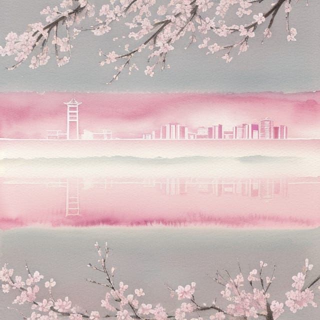 Delicate Watercolor Japanese Cityscape with Sakura Blossoms