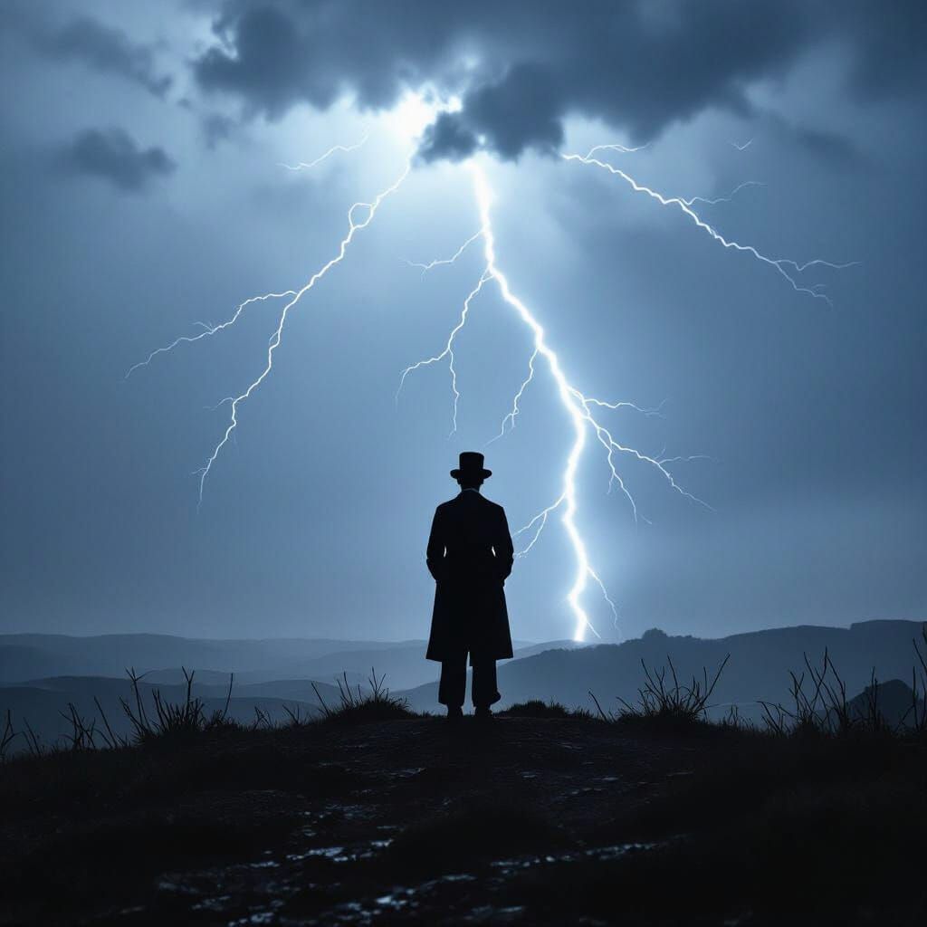 Charlie Chaplin's Tramp in Lightning Storm on Hilltop