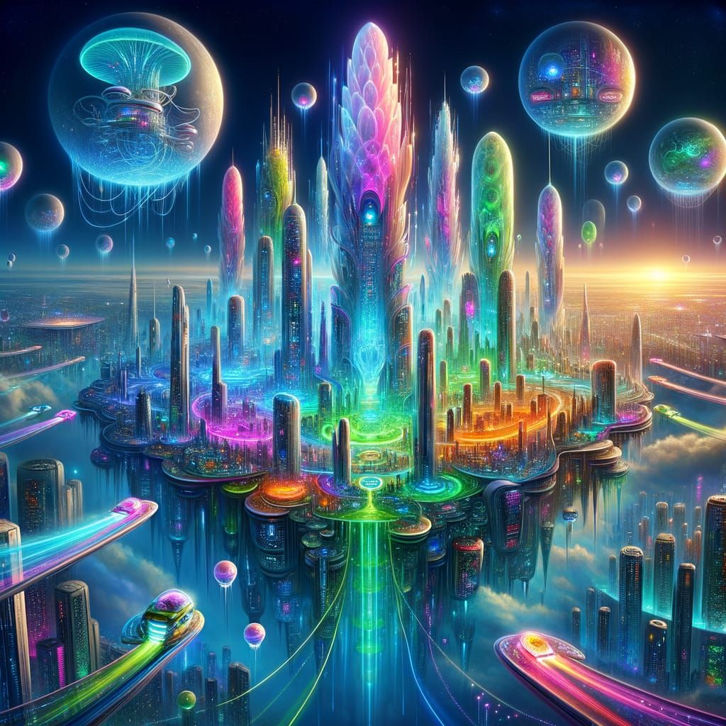 Futuristic Floating City with Neon Skyscrapers