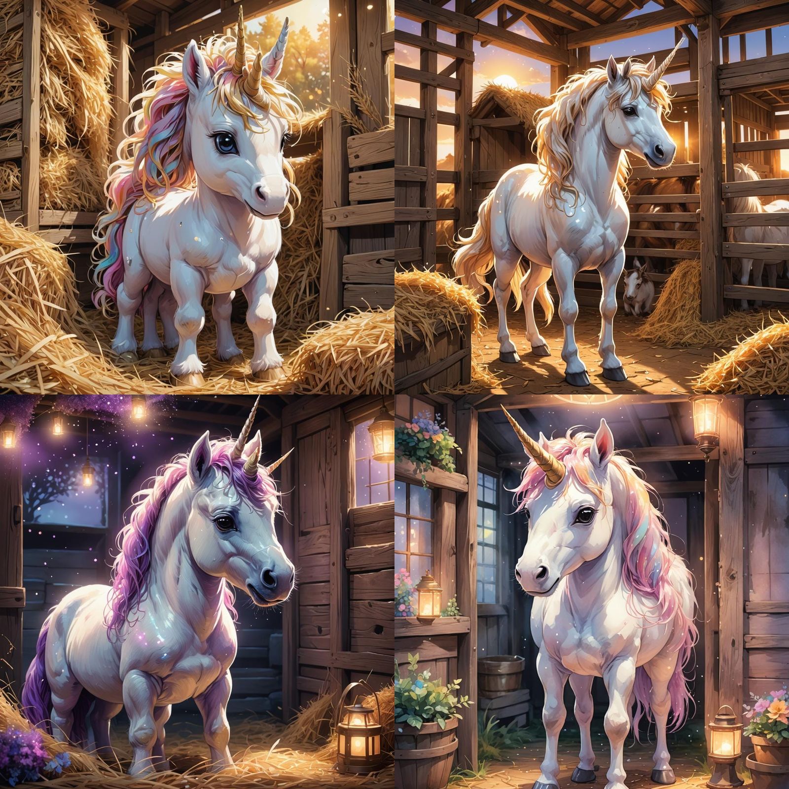 Anime Baby Unicorn in Stable, Cel-Shaded Style