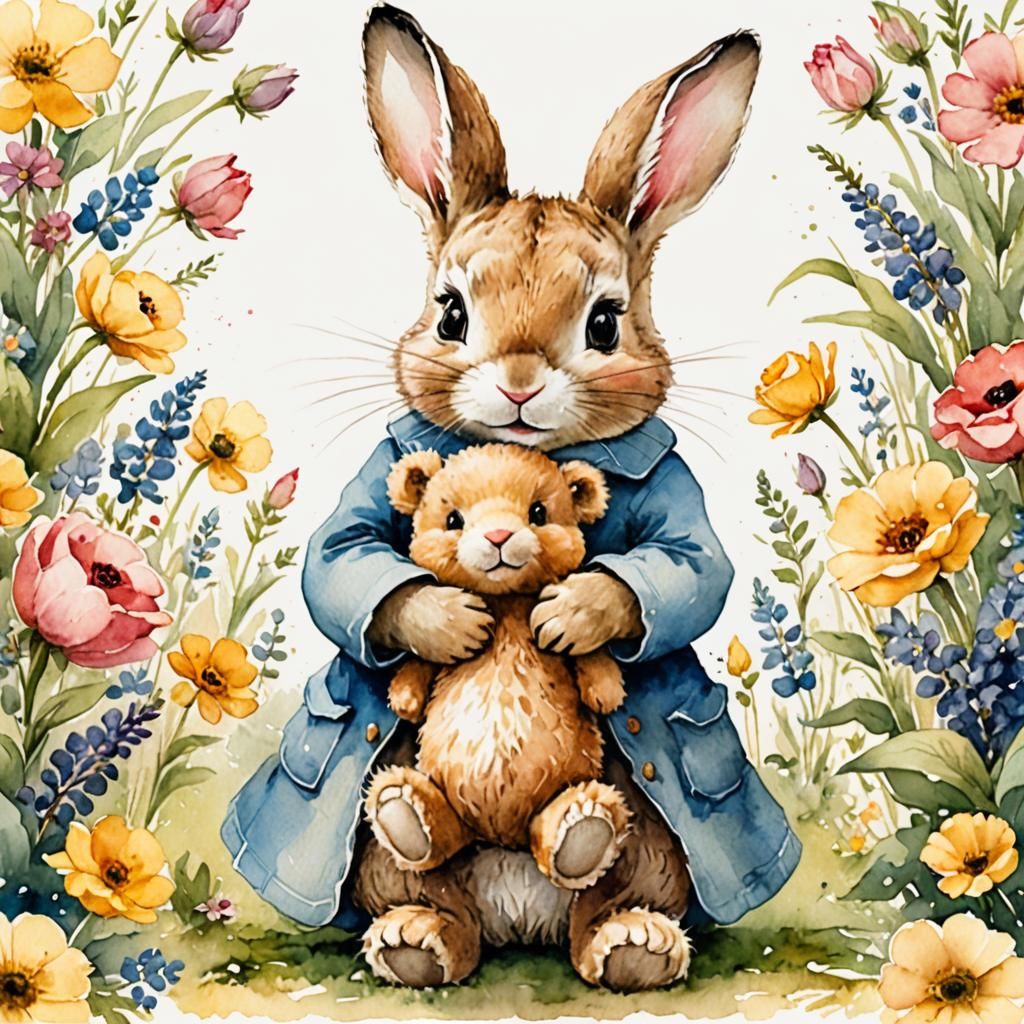 Bunny Hugging a Teddy Bear