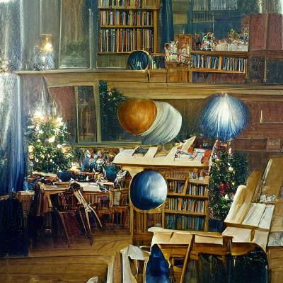 High Ceiling Classroom with Telescope, Oil Painting