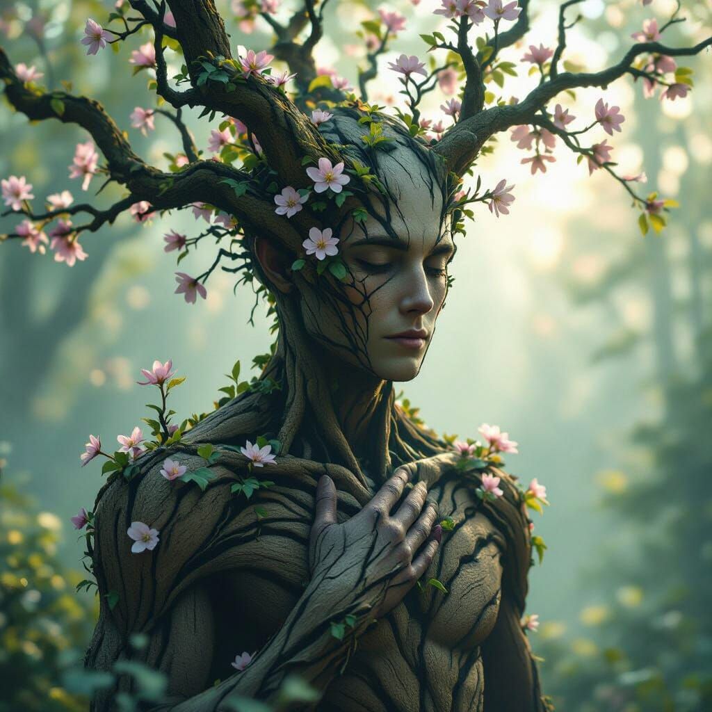 Magical Realism: Person Merging With Tree, Blossoming Branch...