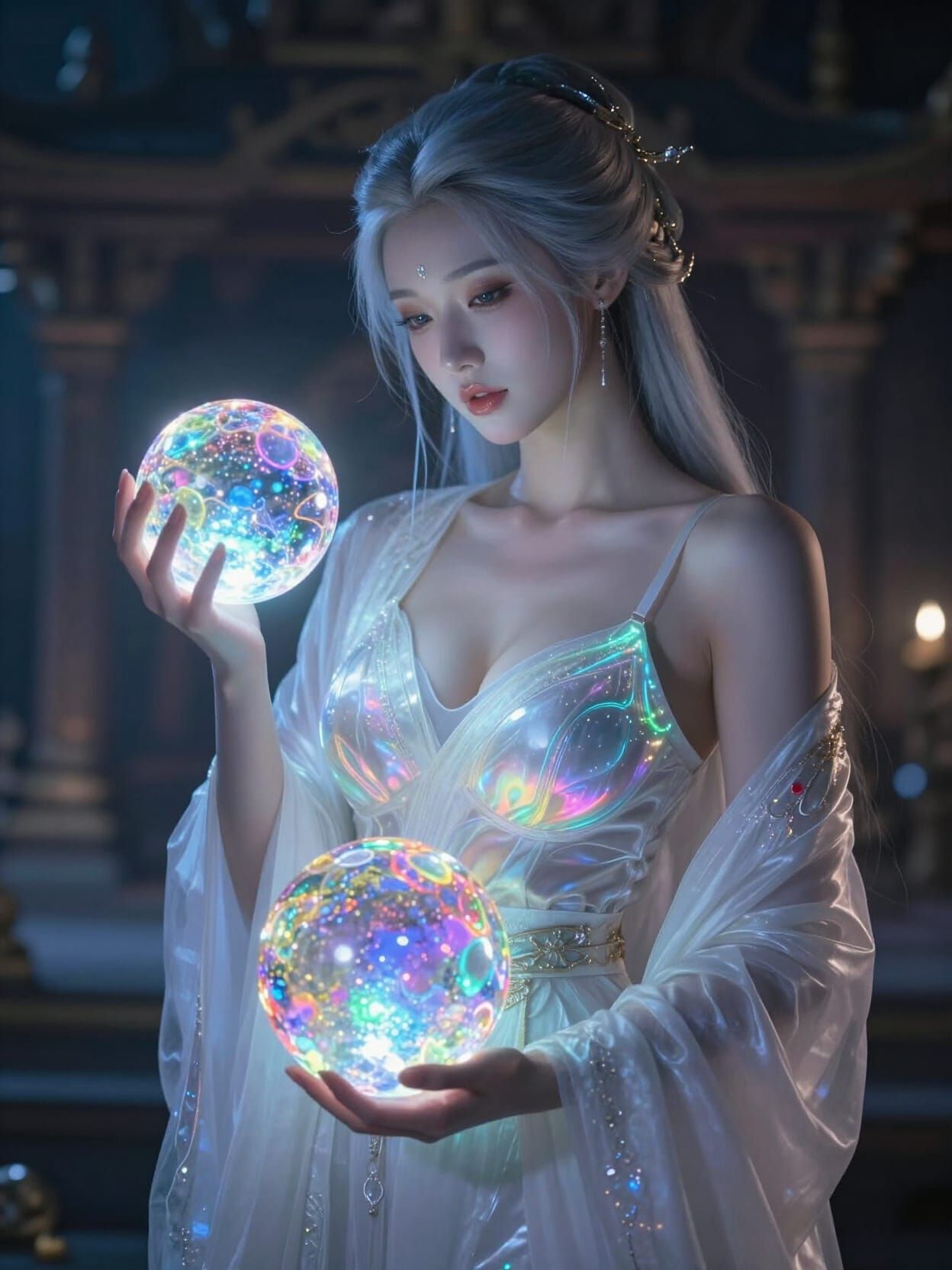 Mist Goddess Holds Neon Crystal Orb in Temple