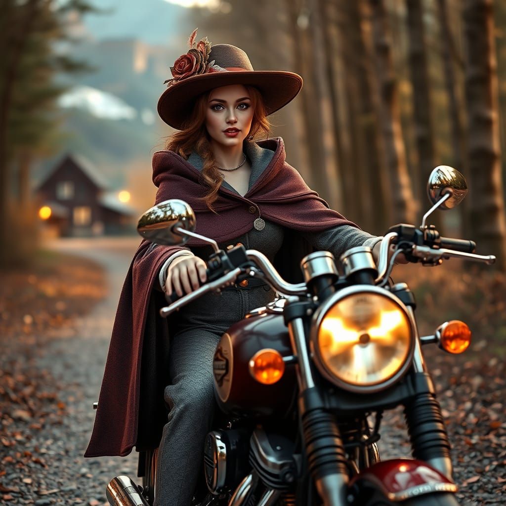 A beautiful young European lady riding an antique motorcycle...
