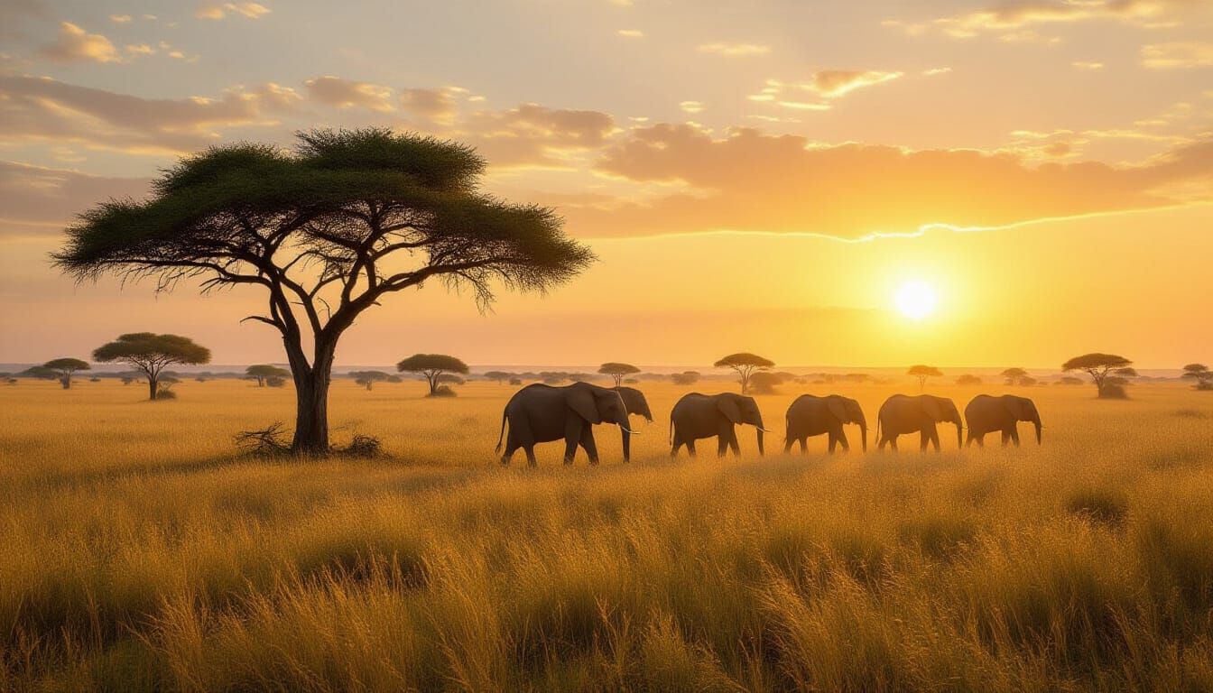 African Savannah at Dawn with Elephants