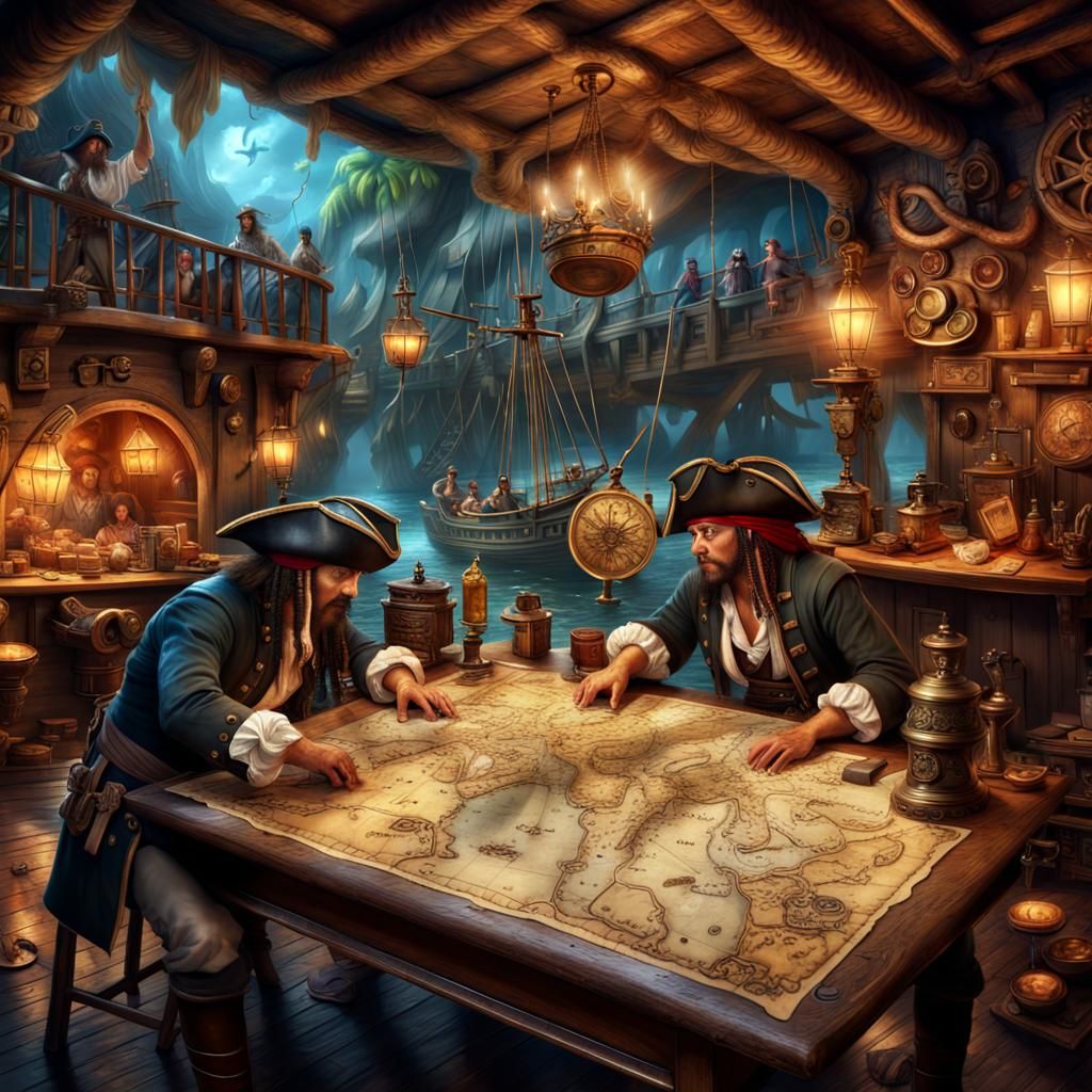 Pirates and Treasure Map in Caribbean Tavern
