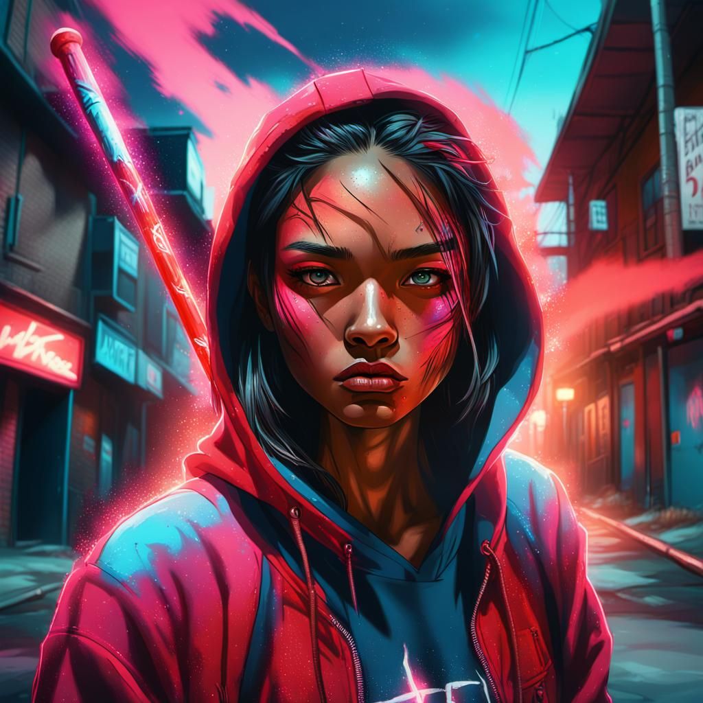 Cyberpunk Native Girl Gangster in Neon Alleyway