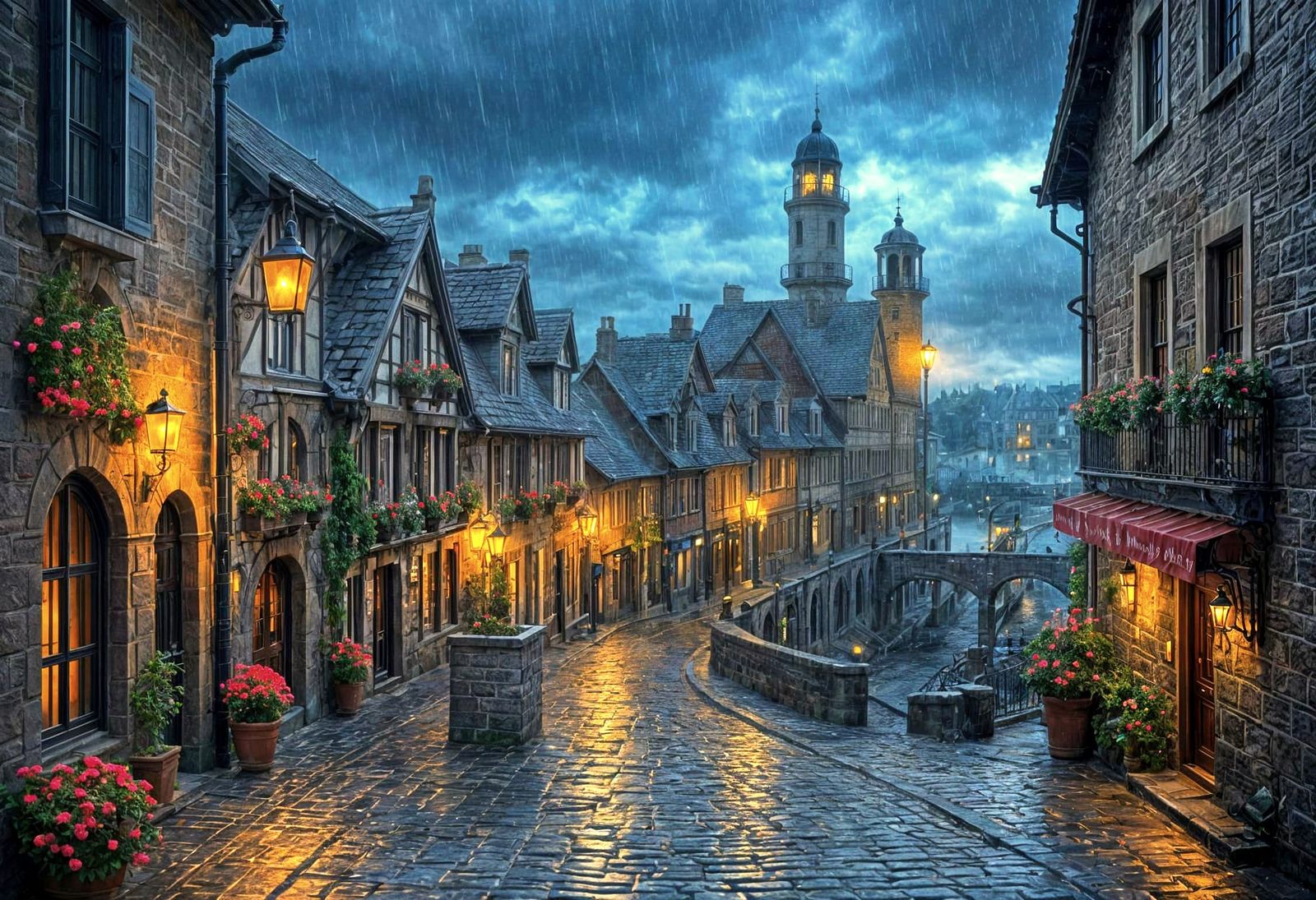 Dark Fantasy Town in Rain, Digital Illustration