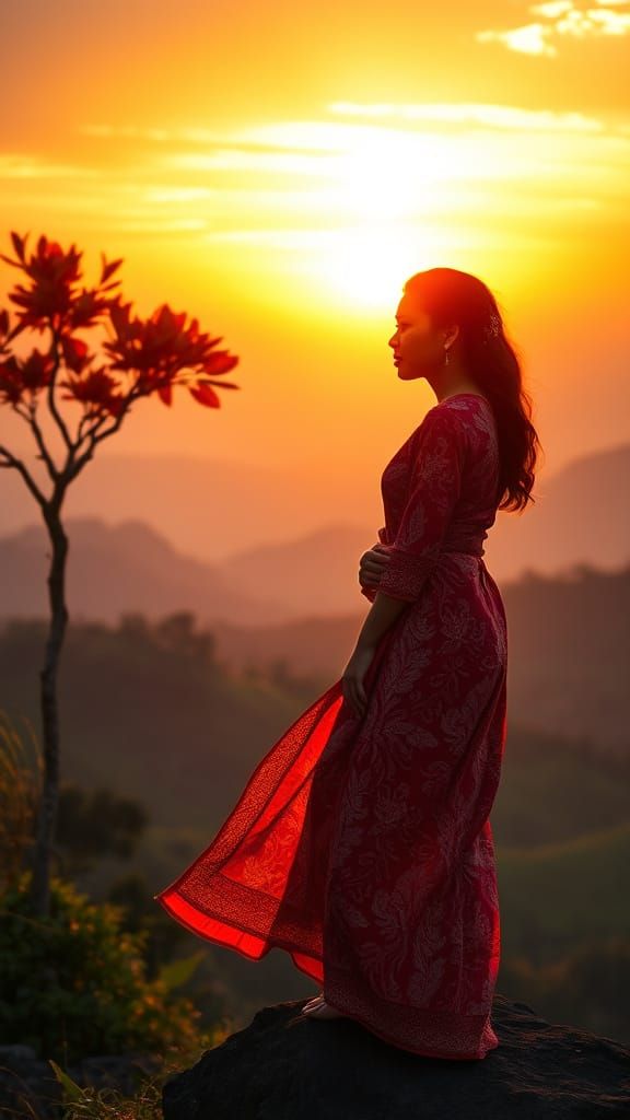 Woman in Traditional Indonesian Kebya against Sunset Landsca...