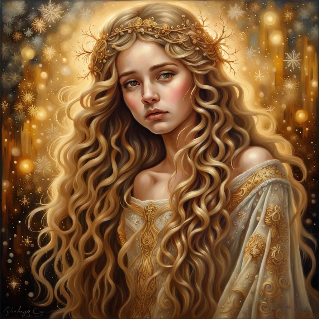 Girl in Golden Snow: Renaissance Vintage Oil Painting