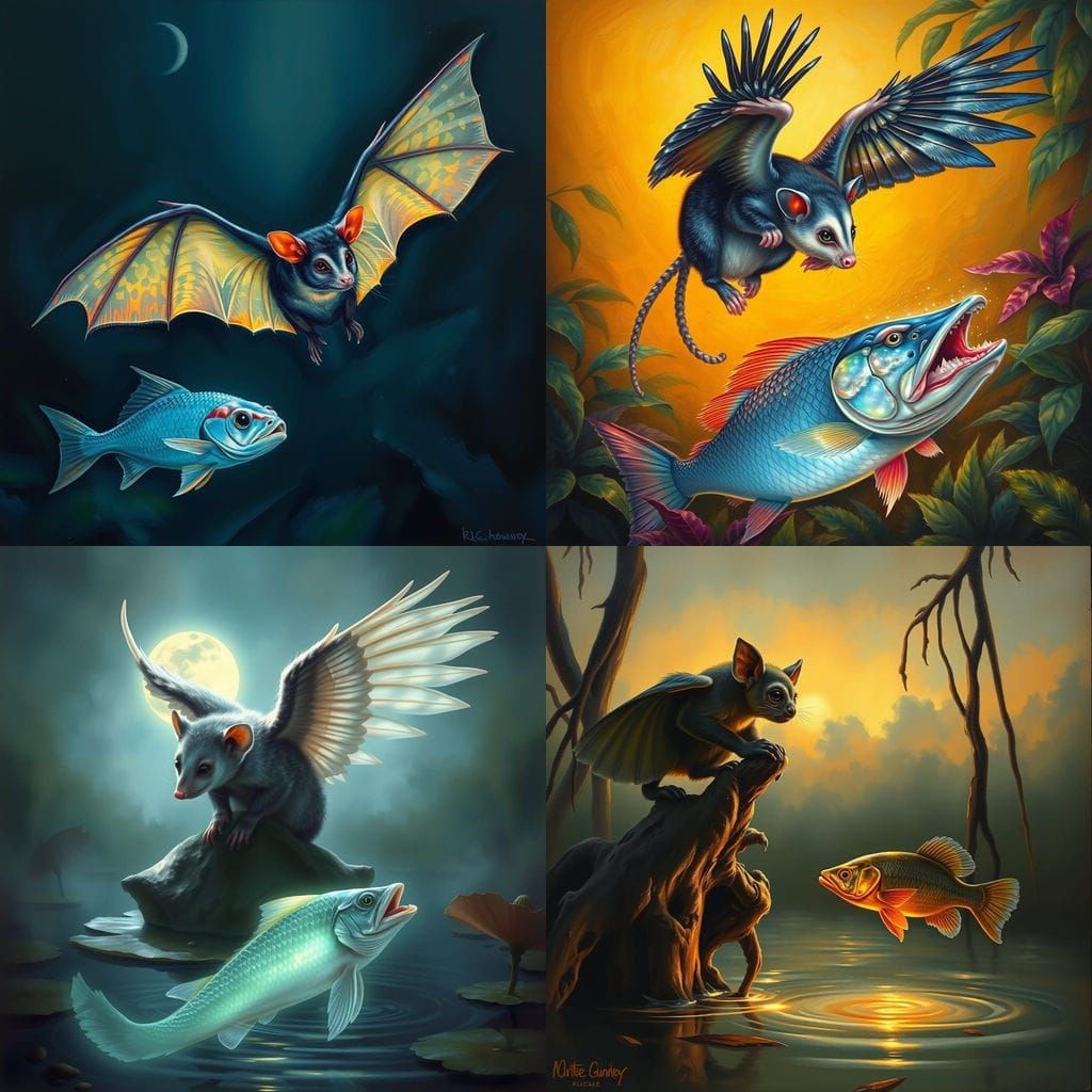 Winged Creature Meets Glowing Fish in a Dreamlike Oil Painti...