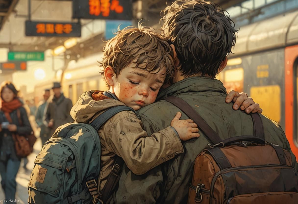 Father and Son Waiting for a Train in a Vibrant, Hyperrealis...