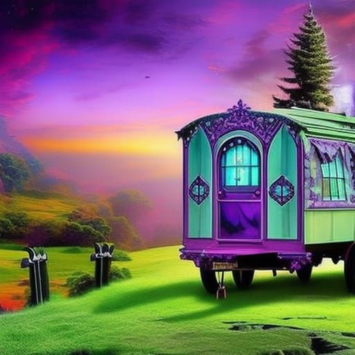 Purple Gypsy caravan wagon house& gothic vibes& fantasy vibes& ethereal vibes& magical vibes& witchy vibes& Gypsy vibes&...