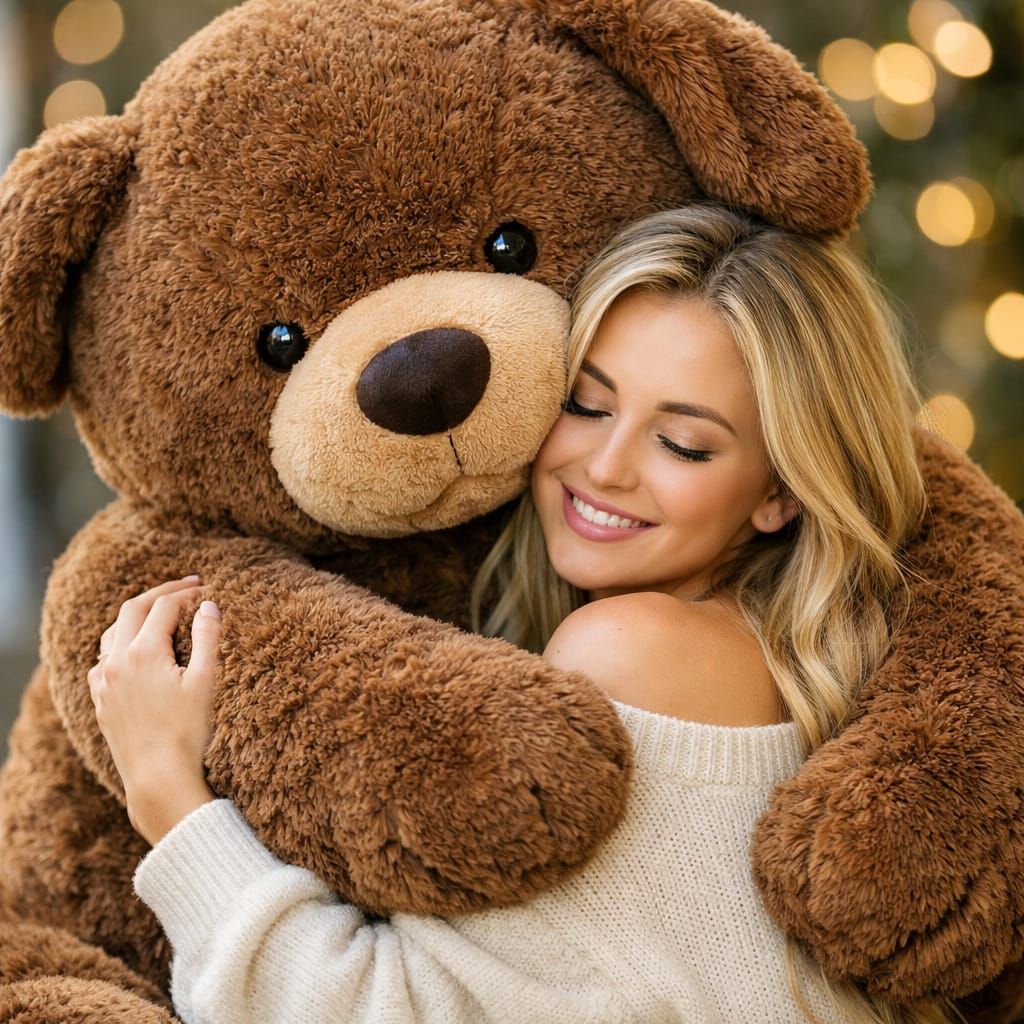 Giant Teddy Bear Hugs Blonde Woman in Soft Light