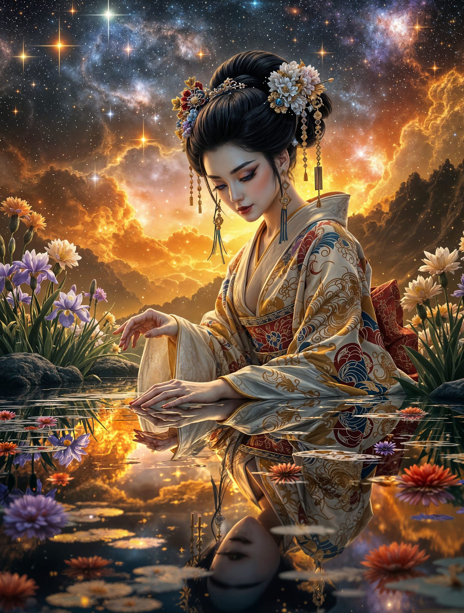 Dark Fantasy Geisha in Cosmic Reflection Pool