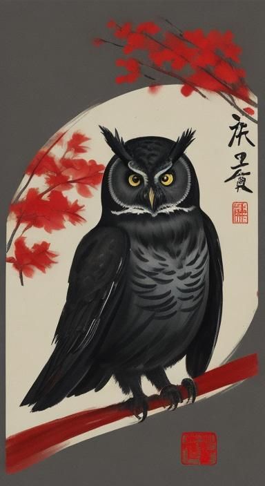 black owl and the moon / Qi Baishi style