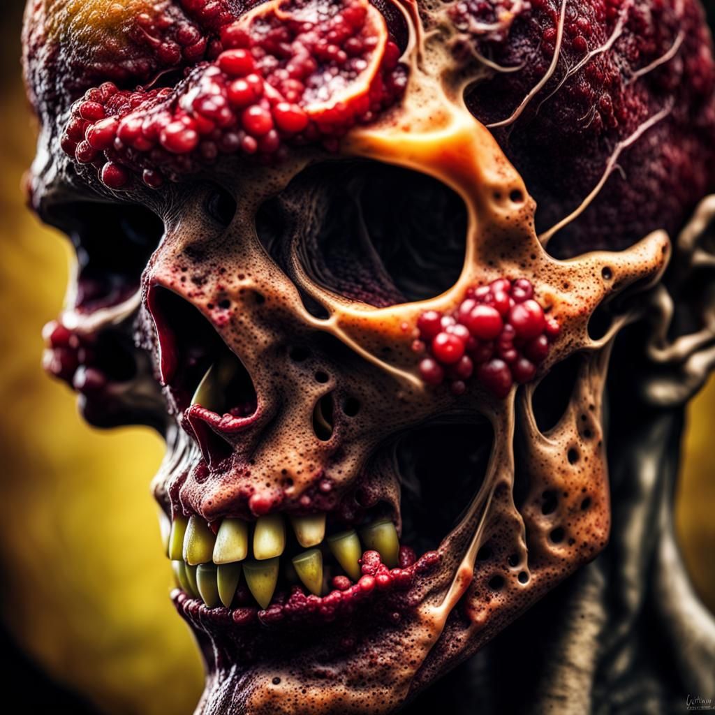 Hyperrealistic Zombie with Rotten Fruit Head