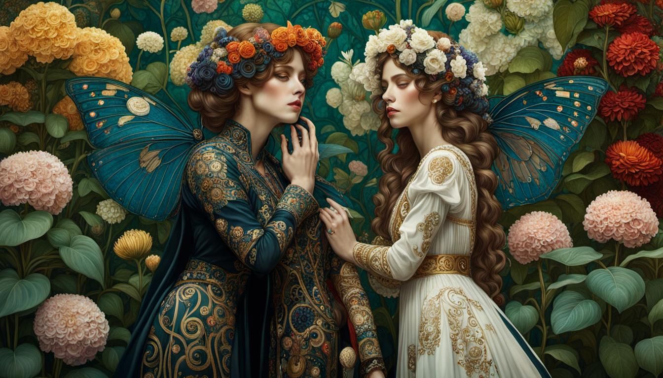 In the garden in full bloom by Gustav Klimt, Karol Bak, Alphonse Mucha