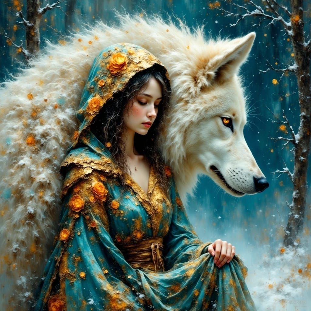 Ethereal Elf Fairy Leans Against Her Glittering Wolf Protect...