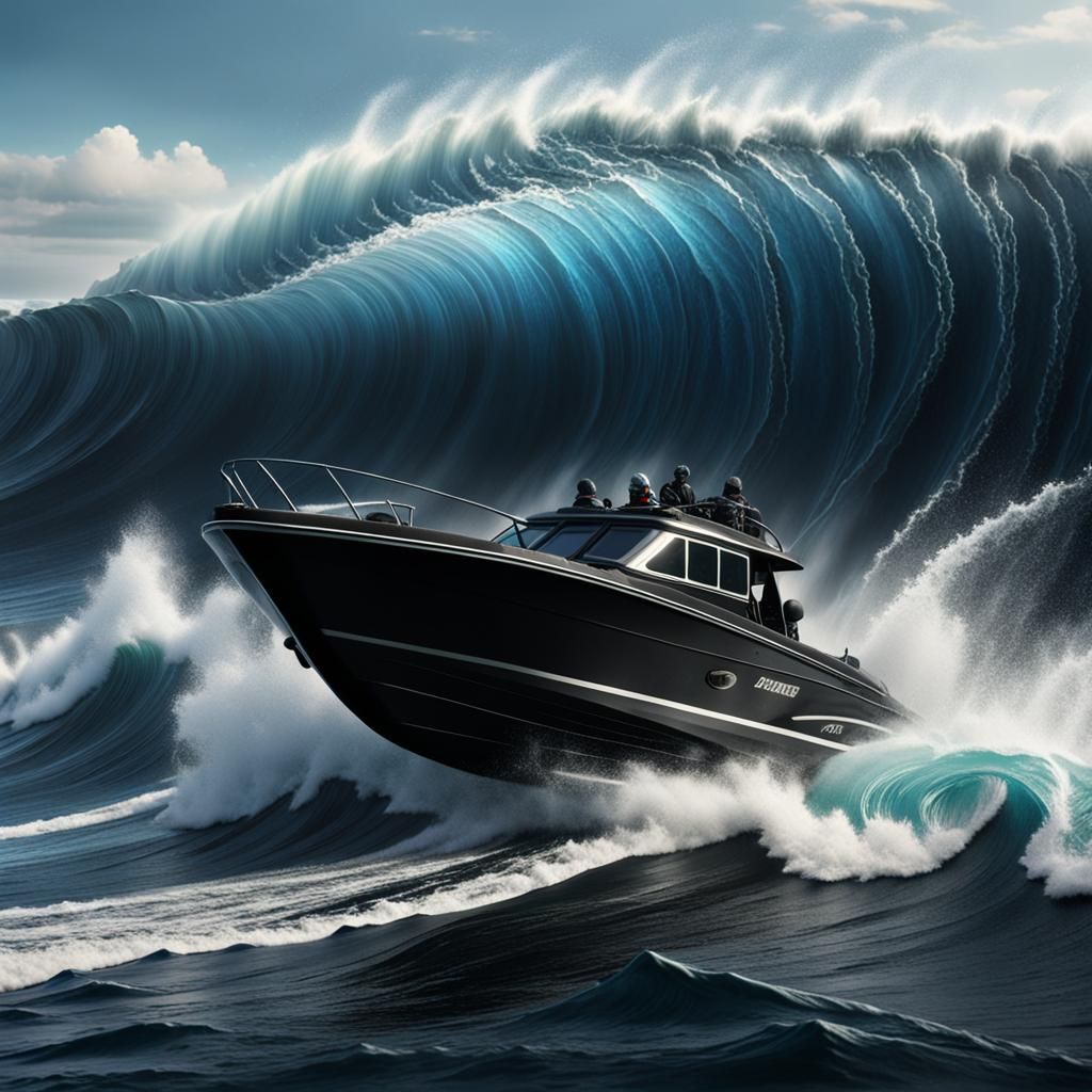 Black Speed Boat Rides a Tsunami Wave