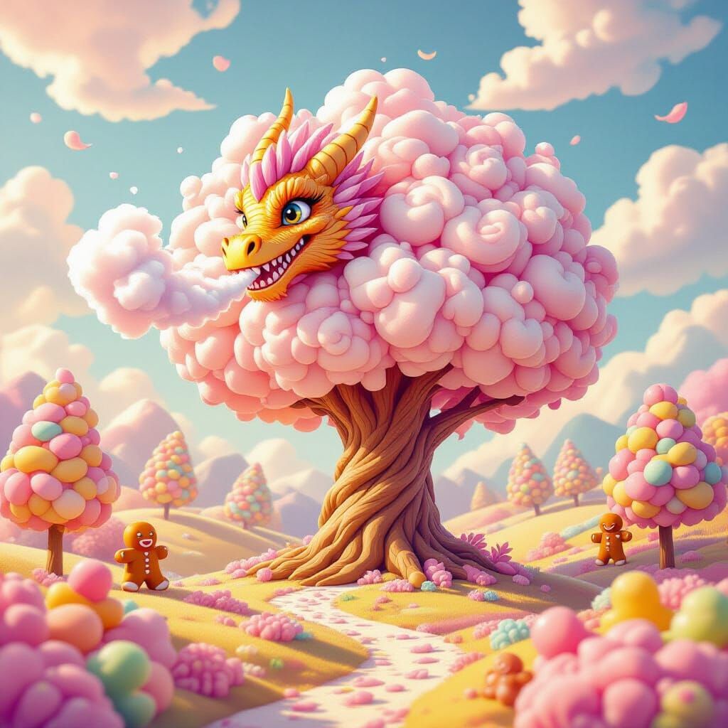 Whimsical Dragon of Spun Sugar on Lollipop Tree