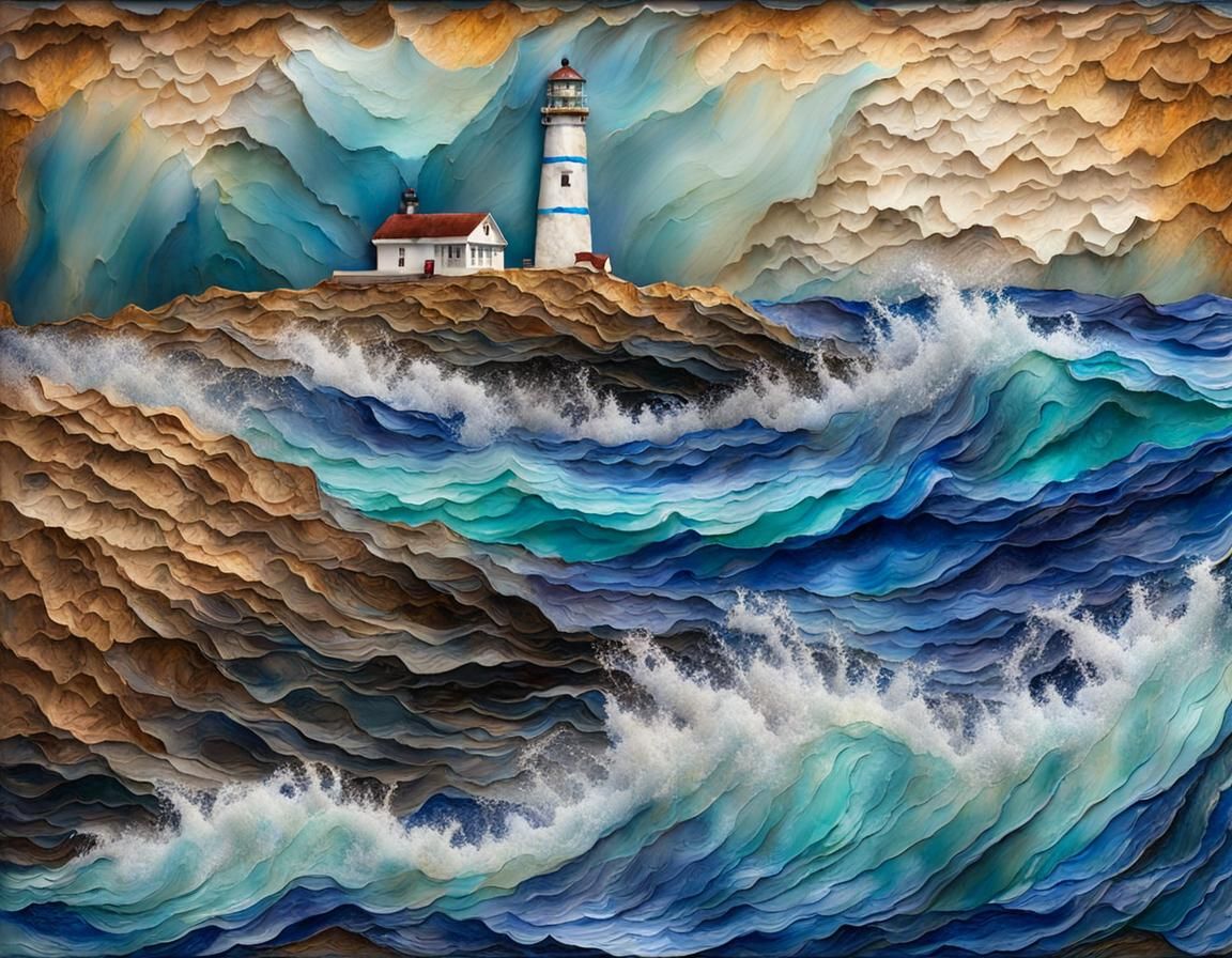 Ocean Lighthouse in Mixed Media Collage