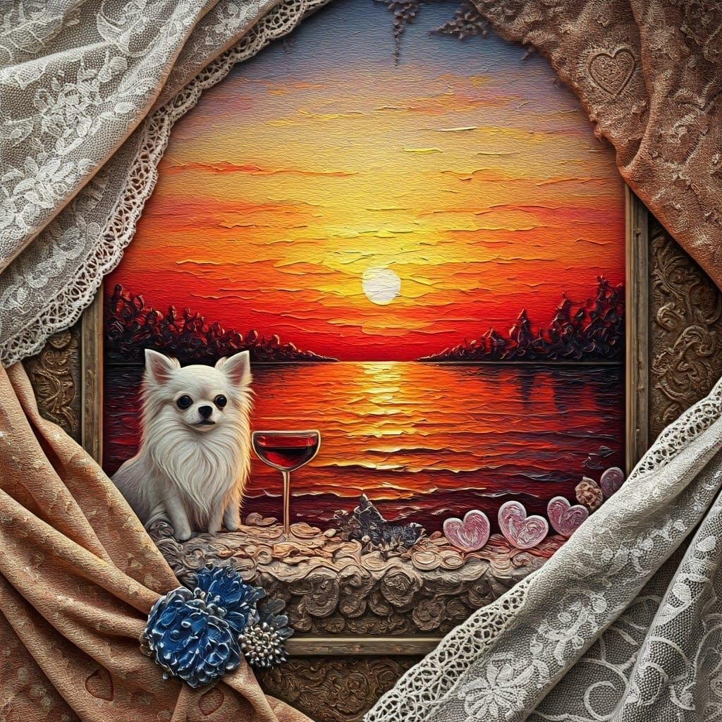 Vibrant Sunset Portrait in Impasto with Whimsical Details