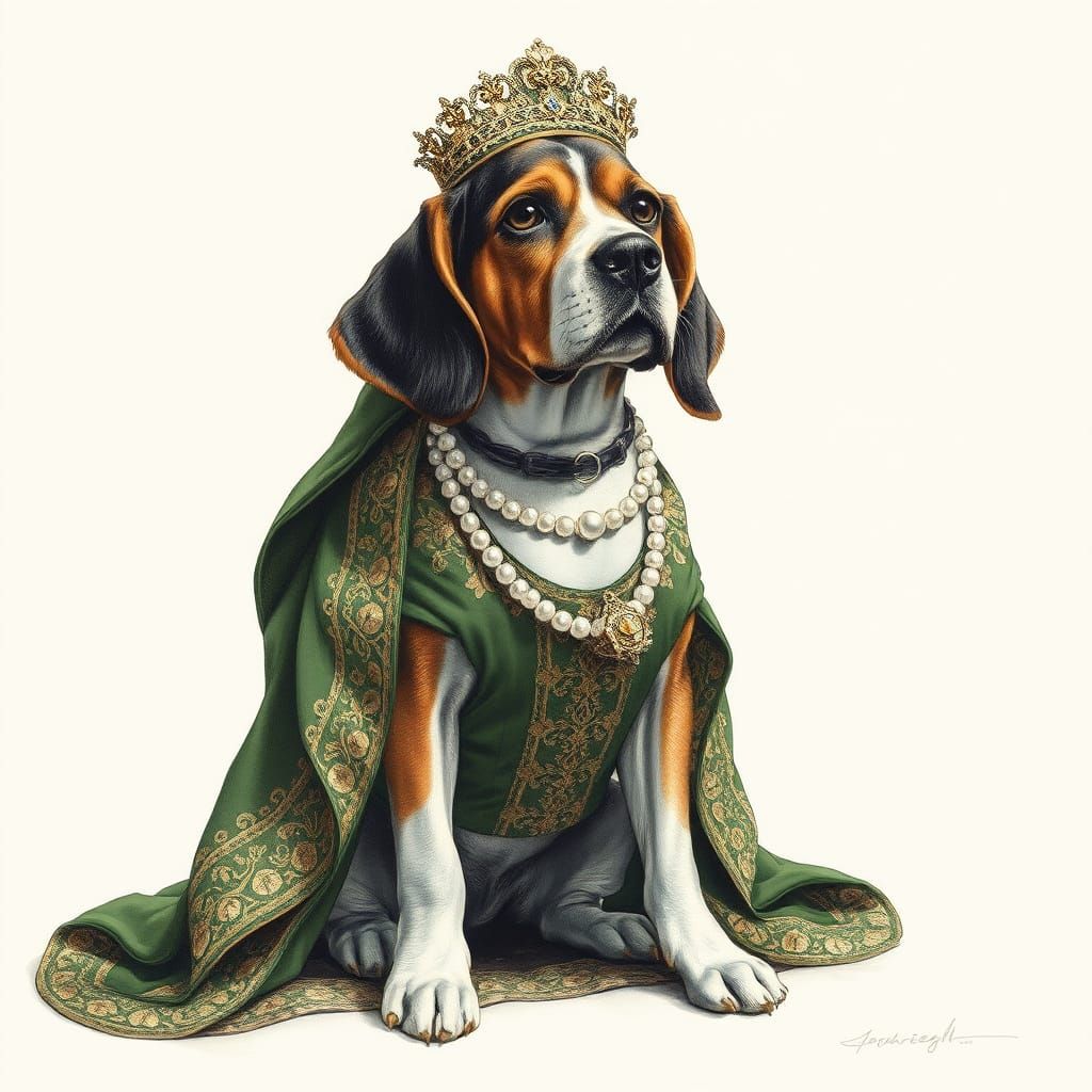 Regal Beagle in Elegant Dress: Charcoal Drawing
