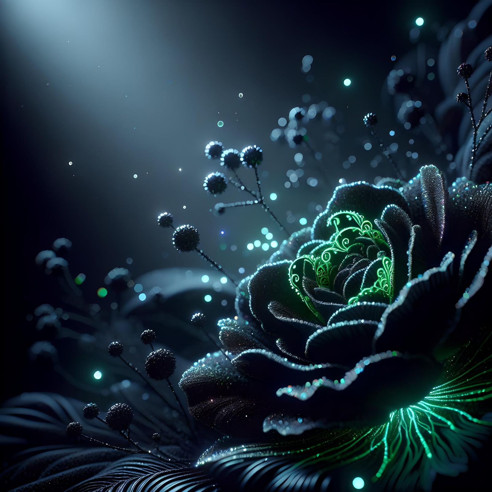 Dramatic Macro Photo of Black Flower with Neon Filigree