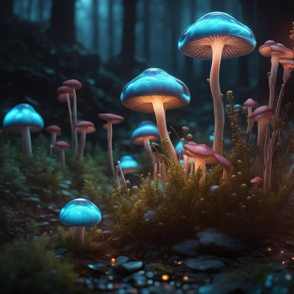 Glowing Bioluminescent Glass Mushrooms in Detailed Matte Pai...