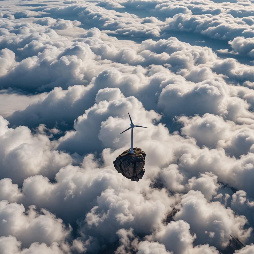 Floating Rock with Wind Turbine in the Sky